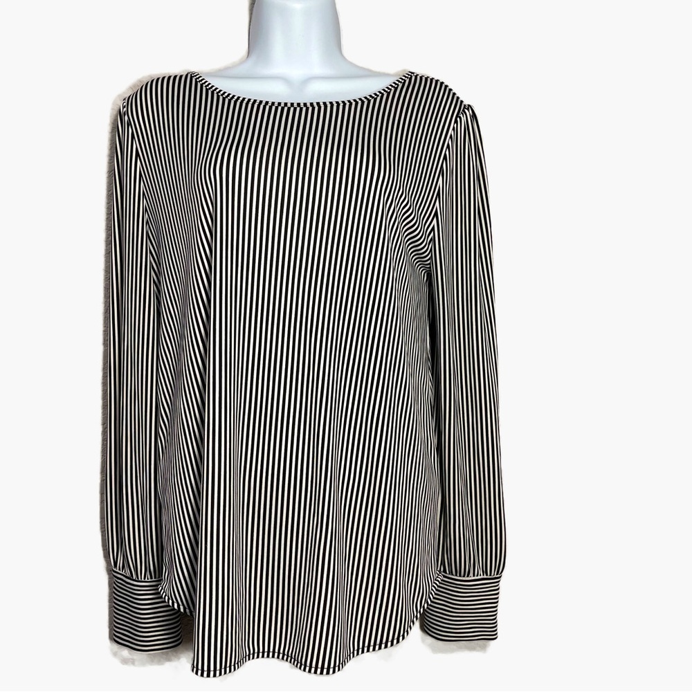 Ann Taylor Factory black and white pinstripe button sleeve blouse M